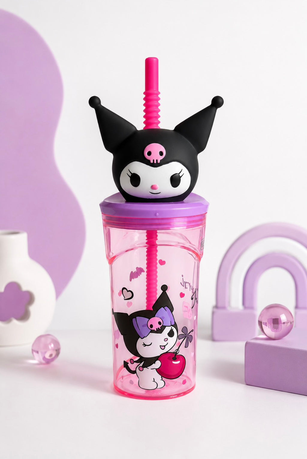 F01: Kuromi 3D Character Tumbler Cup with Straw – Kawaii Pink Drink Cup