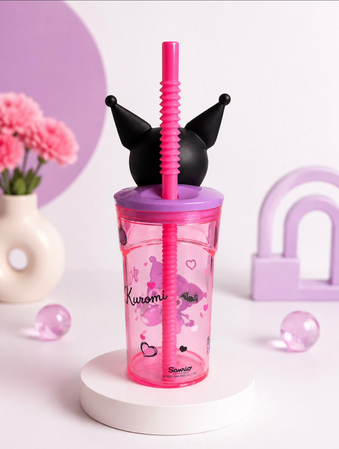 F01: Kuromi 3D Character Tumbler Cup with Straw – Kawaii Pink Drink Cup