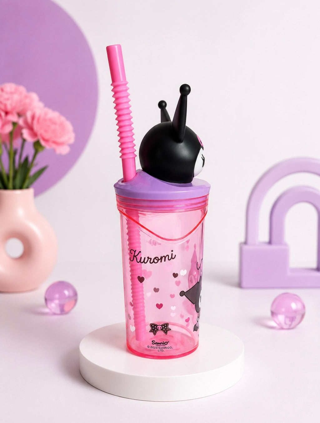 F01: Kuromi 3D Character Tumbler Cup with Straw – Kawaii Pink Drink Cup