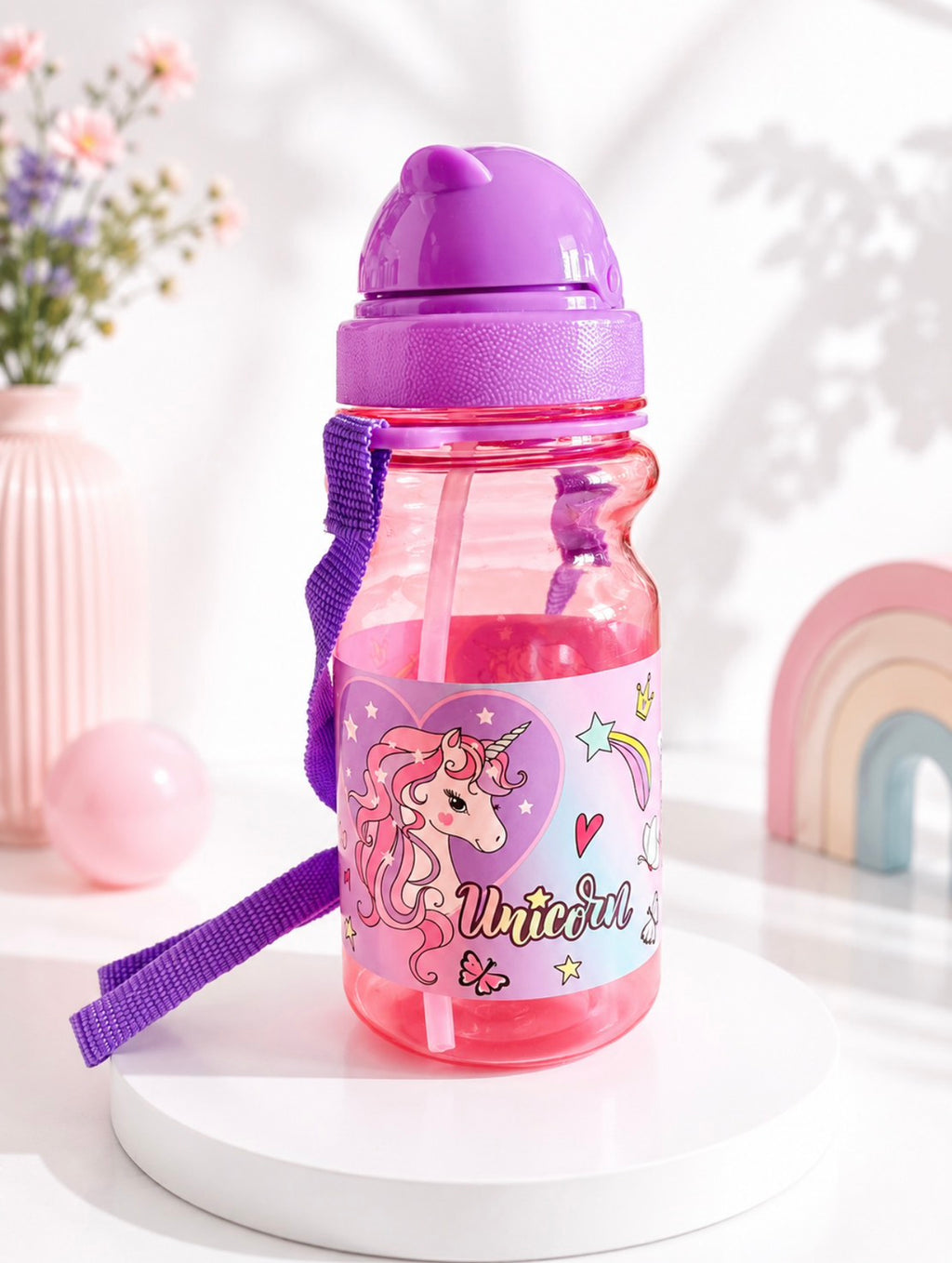 F03: Unicorn Kids Water Bottle with Straw & Carry Strap – Leakproof Pink Bottle