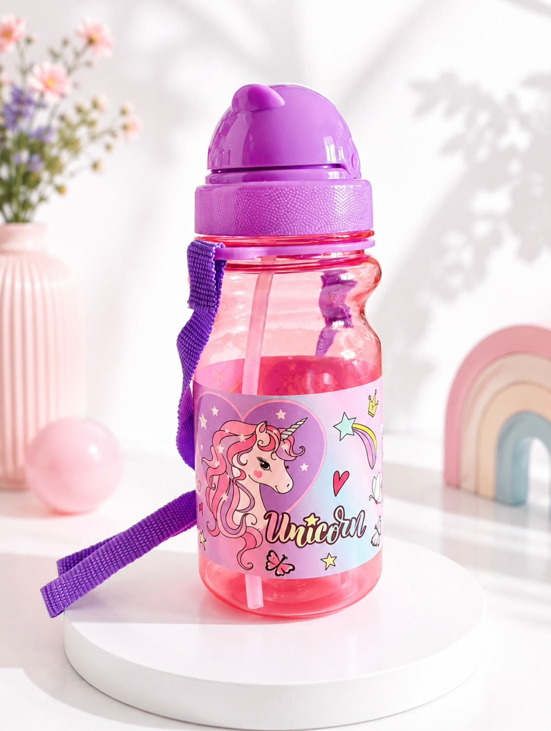 F03: Unicorn Kids Water Bottle with Straw & Carry Strap – Leakproof Pink Bottle