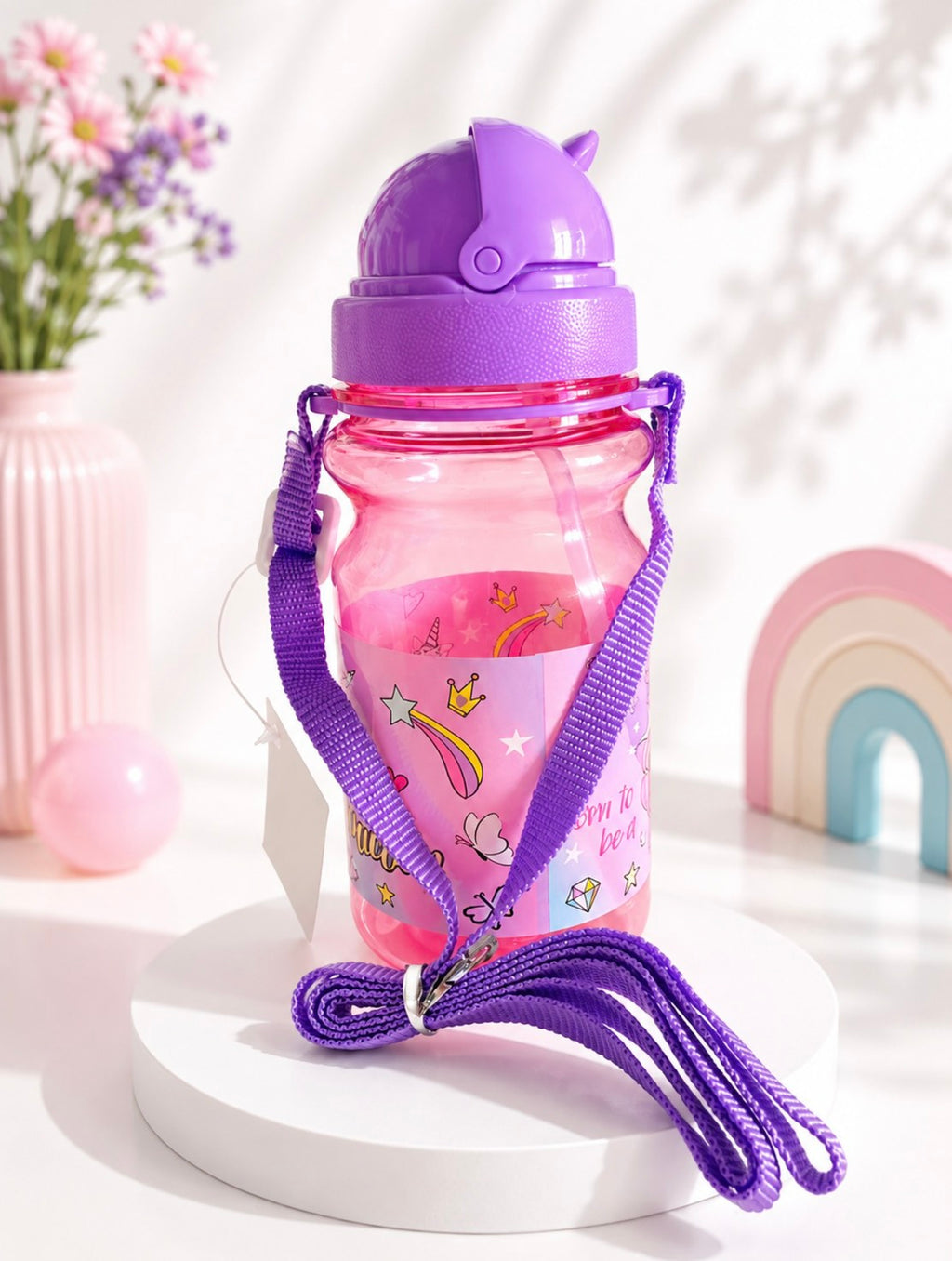 F03: Unicorn Kids Water Bottle with Straw & Carry Strap – Leakproof Pink Bottle