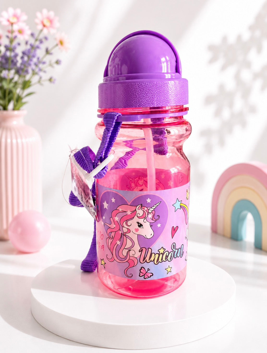 F03: Unicorn Kids Water Bottle with Straw & Carry Strap – Leakproof Pink Bottle