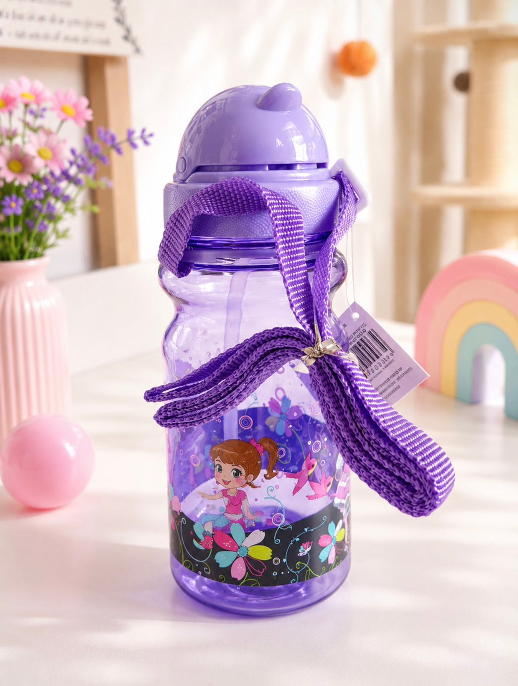 F04: Princess Kids Water Bottle with Straw & Carry Strap – Leakproof Purple Bottle