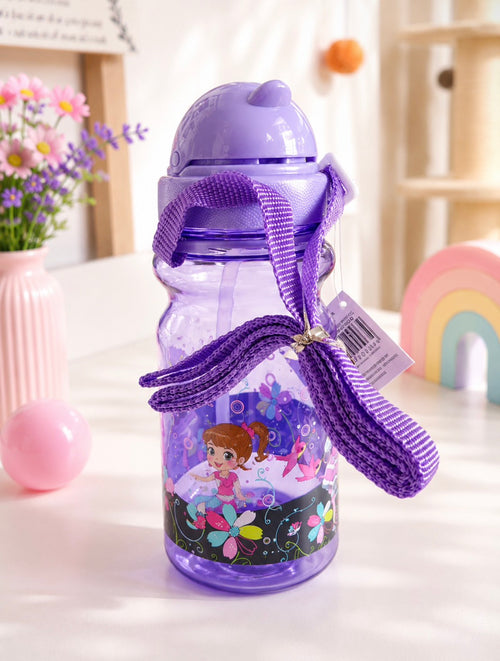F04: Princess Kids Water Bottle with Straw & Carry Strap – Leakproof Purple Bottle