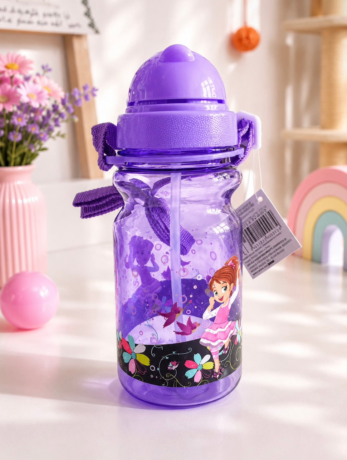 F04: Princess Kids Water Bottle with Straw & Carry Strap – Leakproof Purple Bottle
