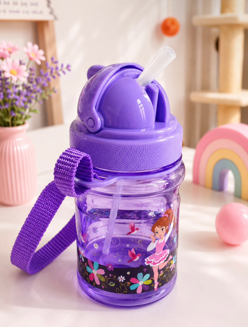 F04: Princess Kids Water Bottle with Straw & Carry Strap – Leakproof Purple Bottle