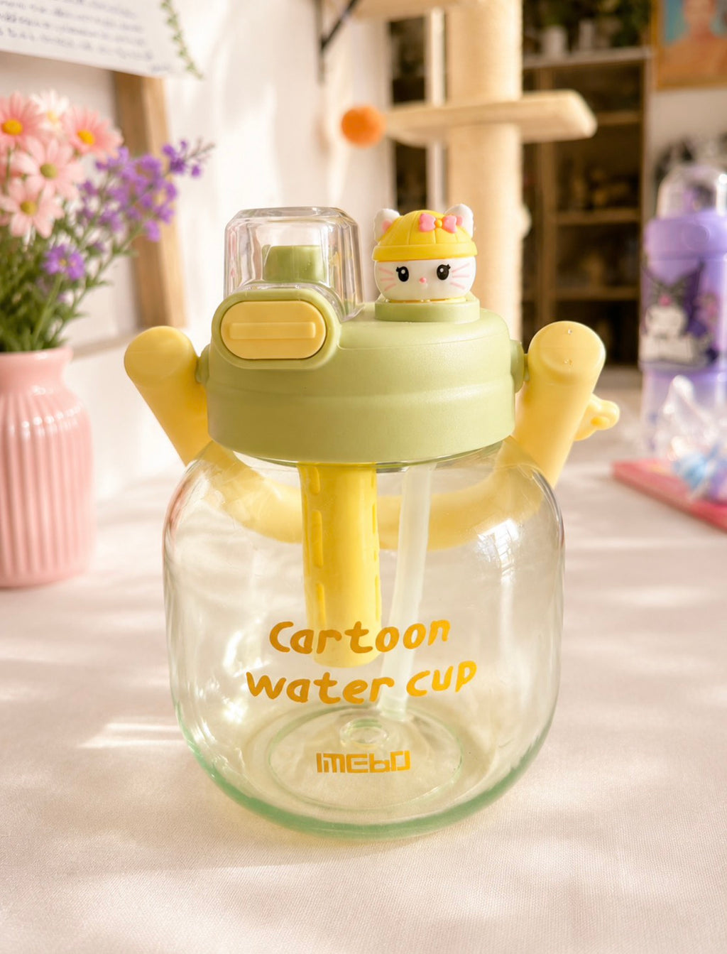 F05: Cartoon Kids Water Bottle with Straw & Dual Handles – Leakproof Green Bottle