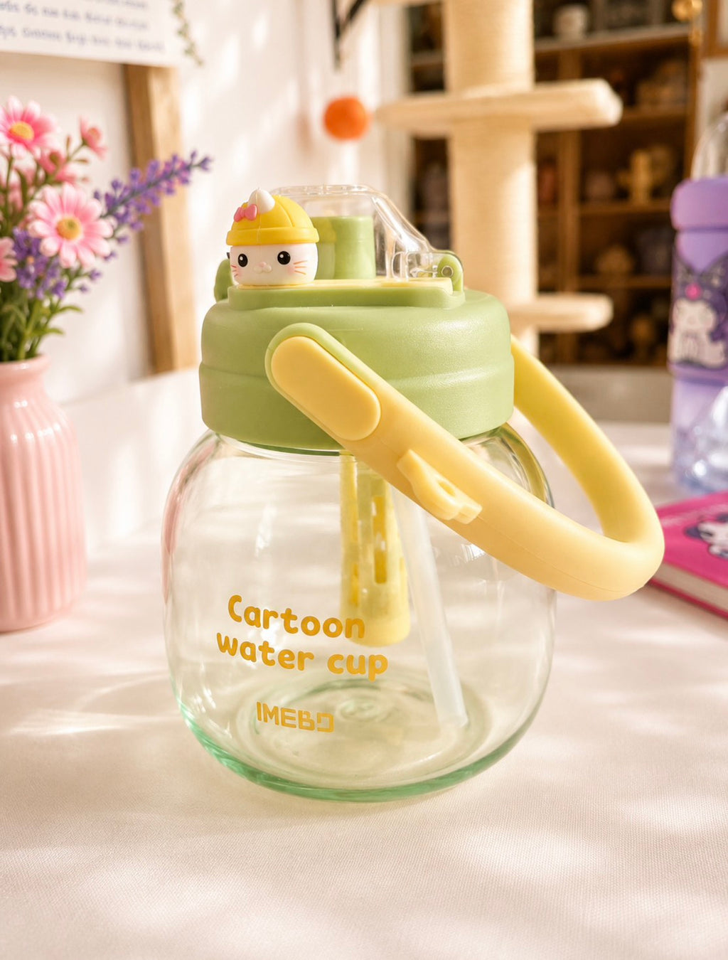 F05: Cartoon Kids Water Bottle with Straw & Dual Handles – Leakproof Green Bottle