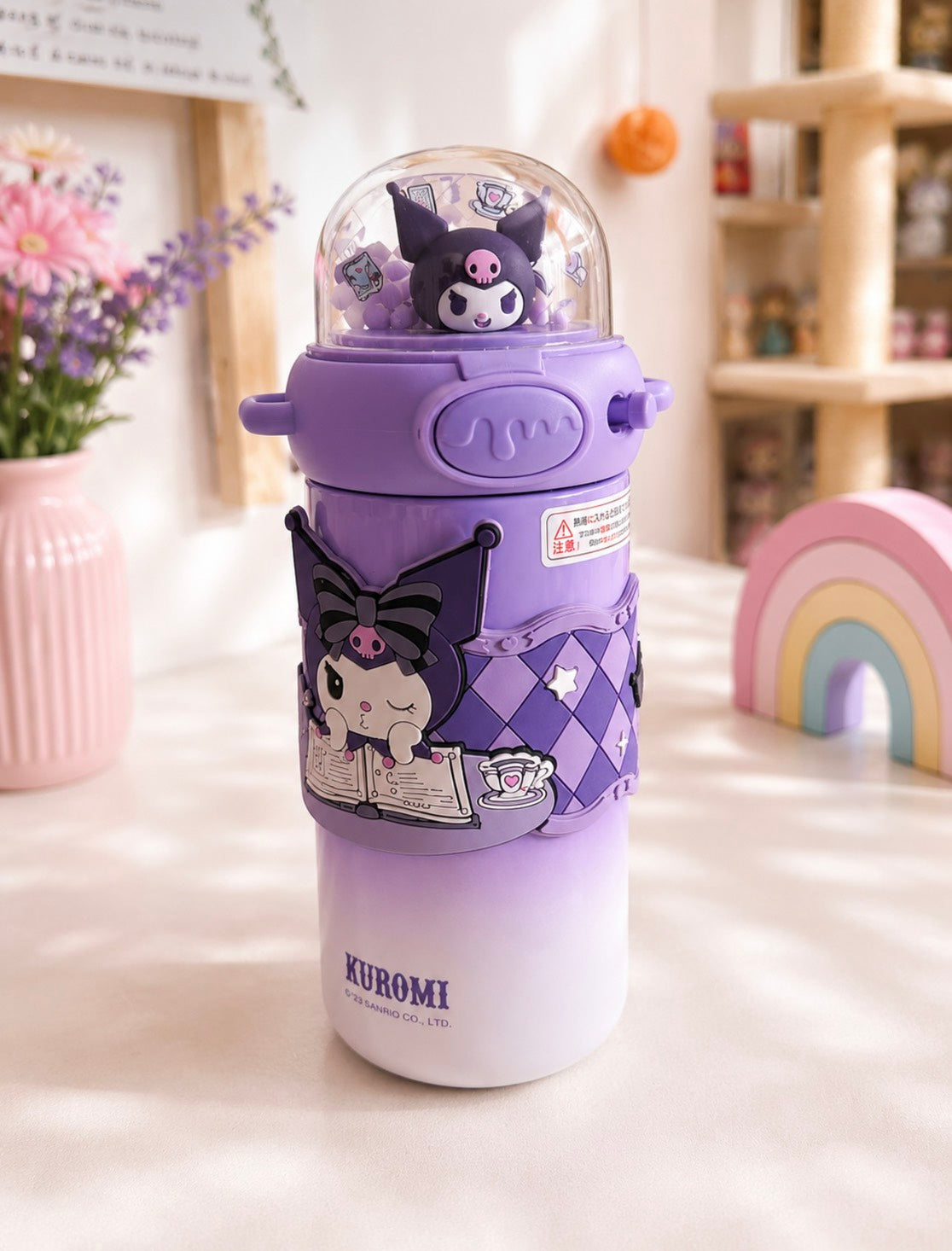 F06: Kuromi 3D Dome Stainless Steel Tumbler with Straw – Premium Purple Insulated Bottle