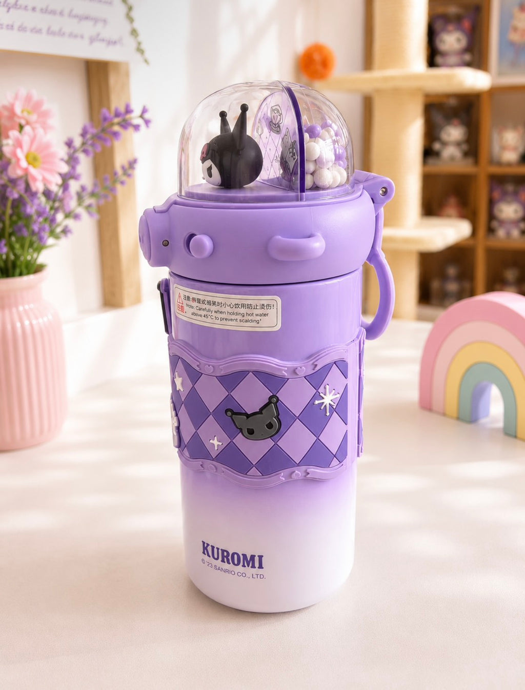 F06: Kuromi 3D Dome Stainless Steel Tumbler with Straw – Premium Purple Insulated Bottle