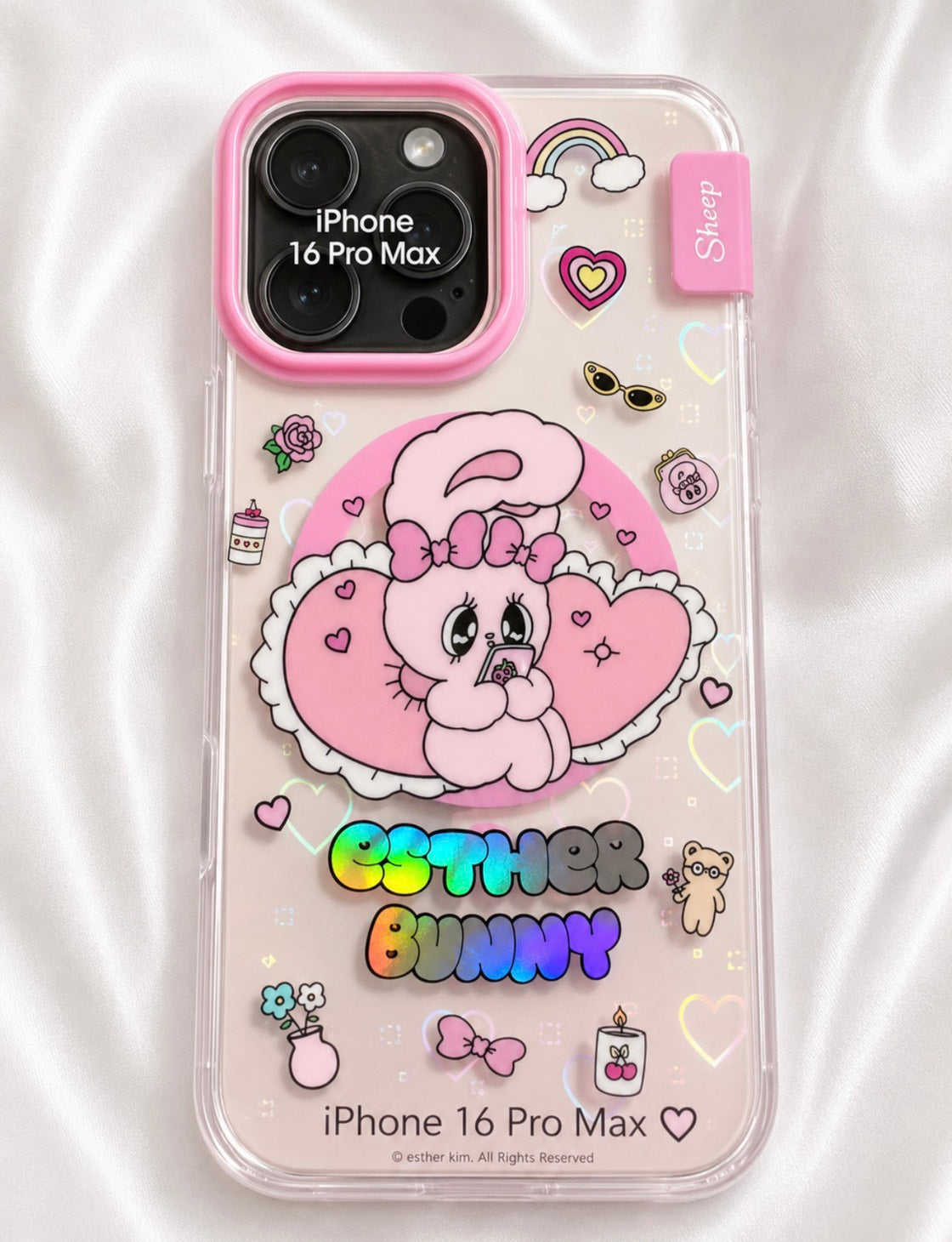 F15: Esther Bunny Clear Shockproof Case for iPhone 16 Pro Max – Pink