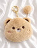 F20: Cute Bear Plush Coin Pouch Keychain with Pom Pom – Beige