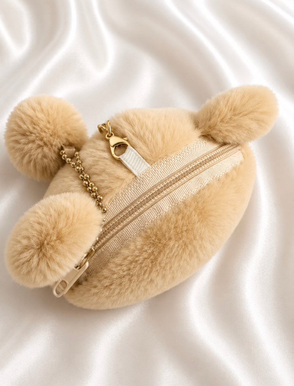 F20: Cute Bear Plush Coin Pouch Keychain with Pom Pom – Beige