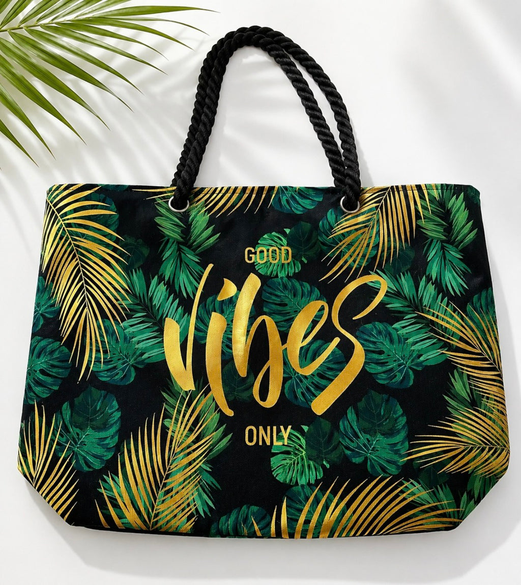 F23: Tropical Leaf Canvas Beach Tote Bag with Rope Handles – Large Shopping Tote
