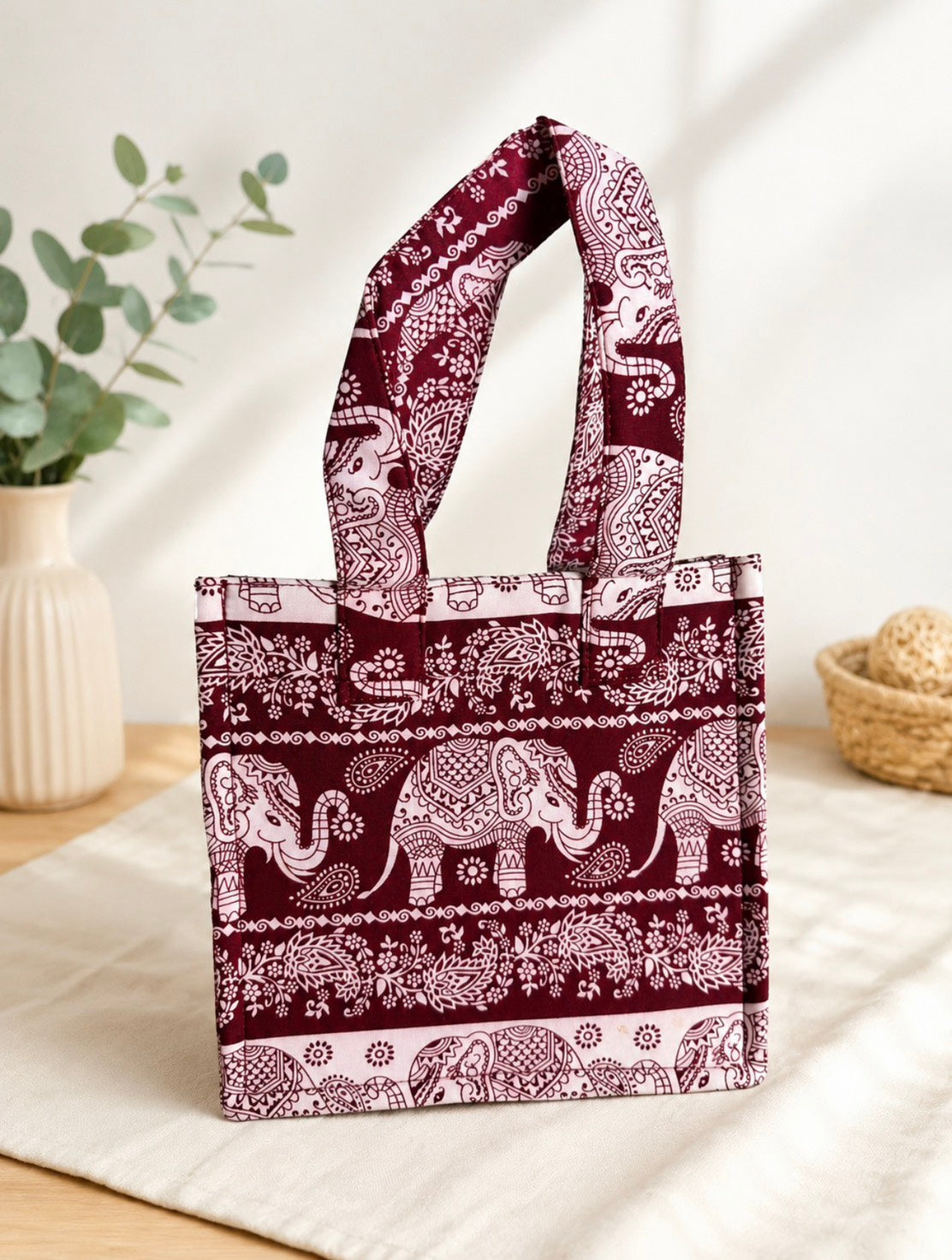 F16: Elephant Print Canvas Tote Bag – Burgundy