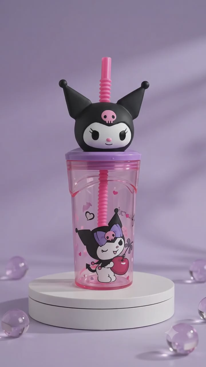 F01: Kuromi 3D Character Tumbler Cup with Straw – Kawaii Pink Drink Cup